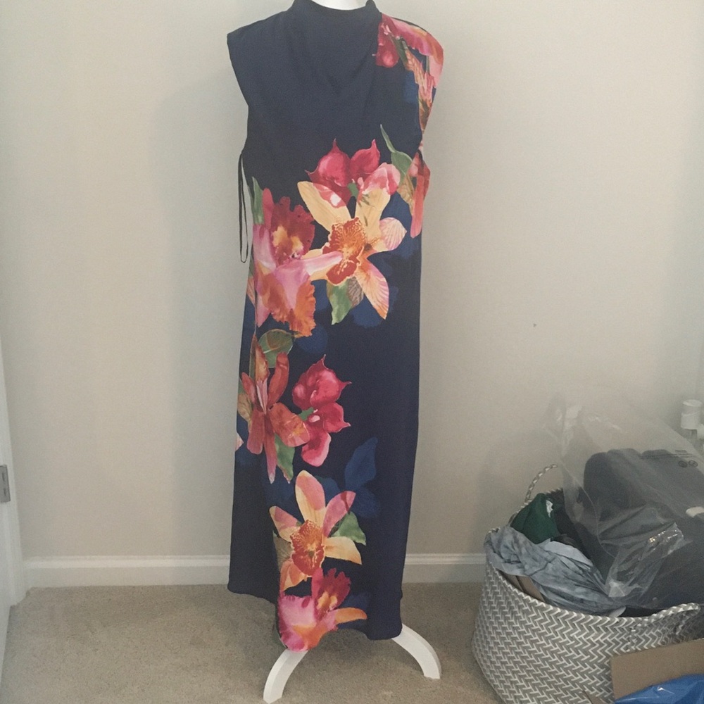 Maggy London Navy Maxi Dress with Pink, Yellow & Orange Floral Print